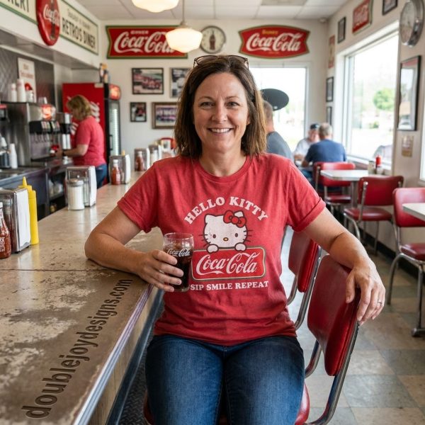Hello Kitty x Coca-Cola Vintage Diner Sip Smile Repeat Retro Red Graphic T-Shirt