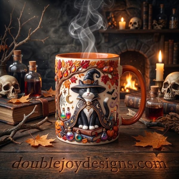 Cute Witch Tuxedo Cat Halloween Spooky Autumn 3D Effect Ceramic Coffee Mug