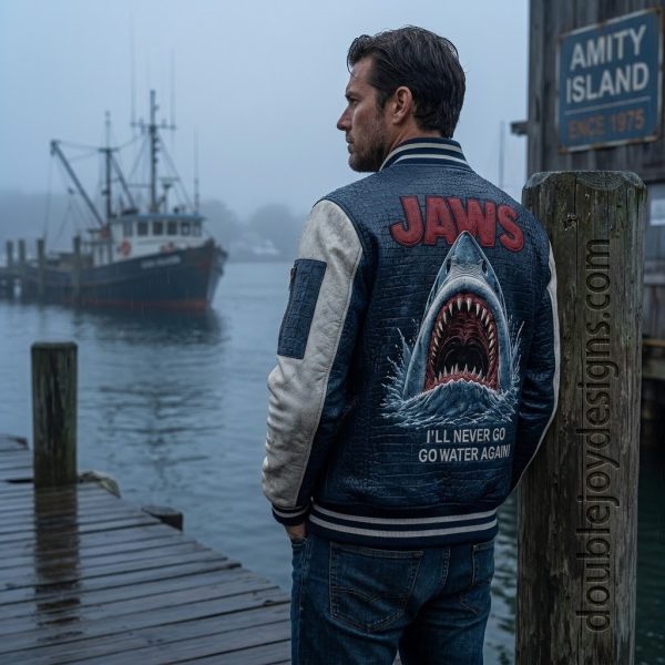Jaws Amity Island 1975 Movie Quote Crocodile Pattern Navy Blue Varsity Leather Bomber Jacket