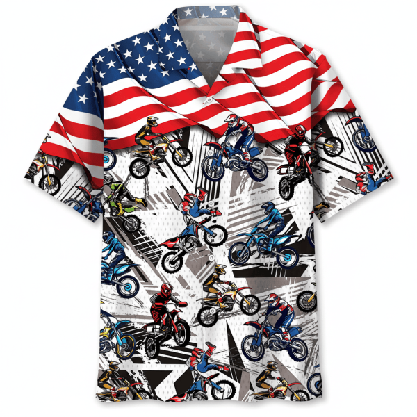 Patriotic American Flag Motocross Dirt Bike Racing Men’s Short Sleeve Hawaiian Shirt