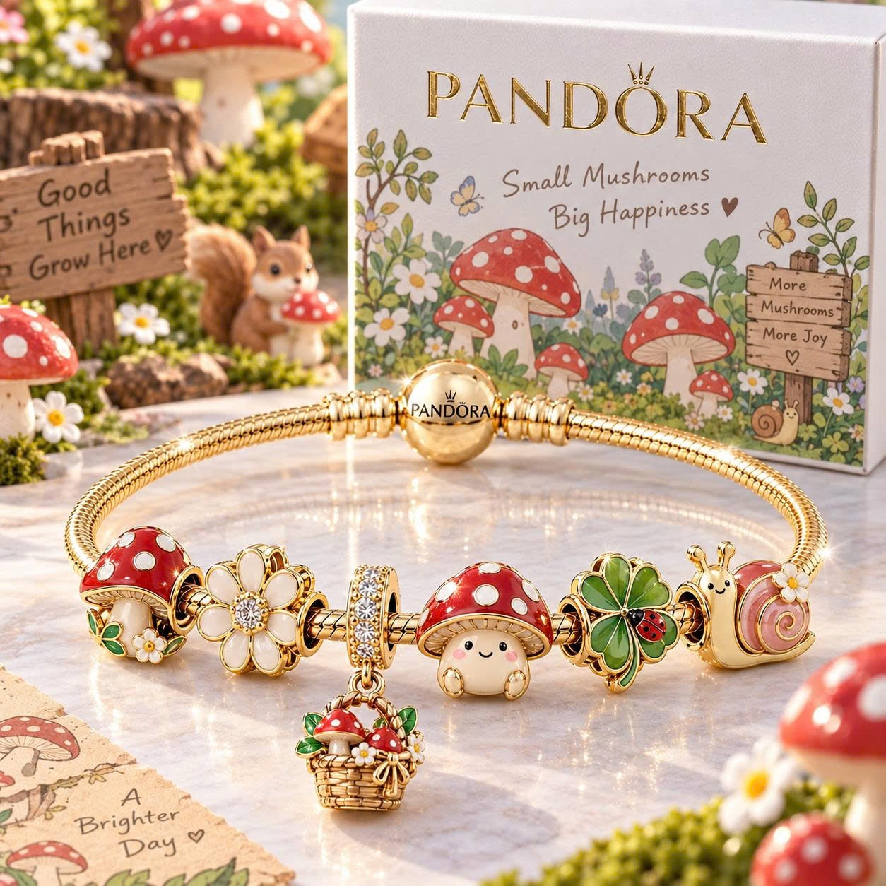 Cottagecore Cute Mushroom and Whimsical Forest Garden Gold Plated Enamel Charm Bracelet Set Cottagecore Cute Mushroom and Whimsical Forest Garden Gold Plated Enamel Charm Bracelet Set