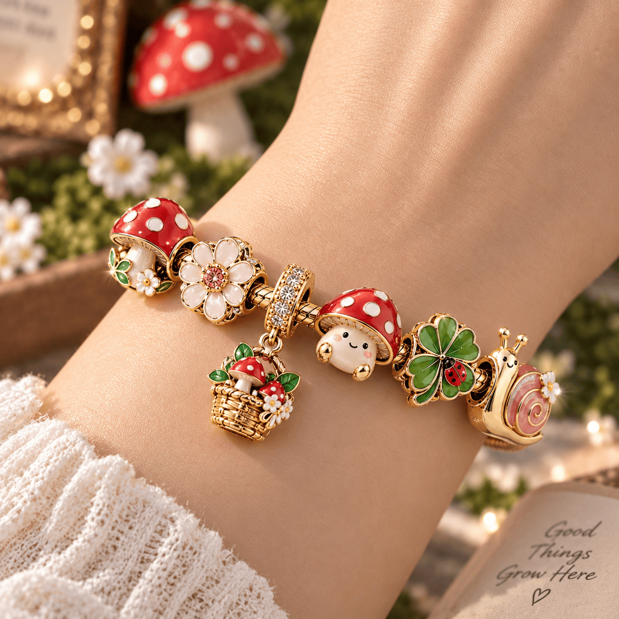 Cottagecore Cute Mushroom and Whimsical Forest Garden Gold Plated Enamel Charm Bracelet Set Cottagecore Cute Mushroom and Whimsical Forest Garden Gold Plated Enamel Charm Bracelet Set