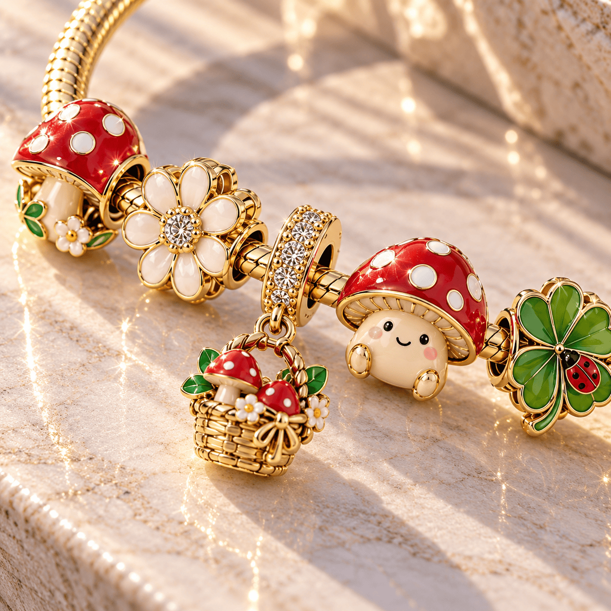 Cottagecore Cute Mushroom and Whimsical Forest Garden Gold Plated Enamel Charm Bracelet Set Cottagecore Cute Mushroom and Whimsical Forest Garden Gold Plated Enamel Charm Bracelet Set