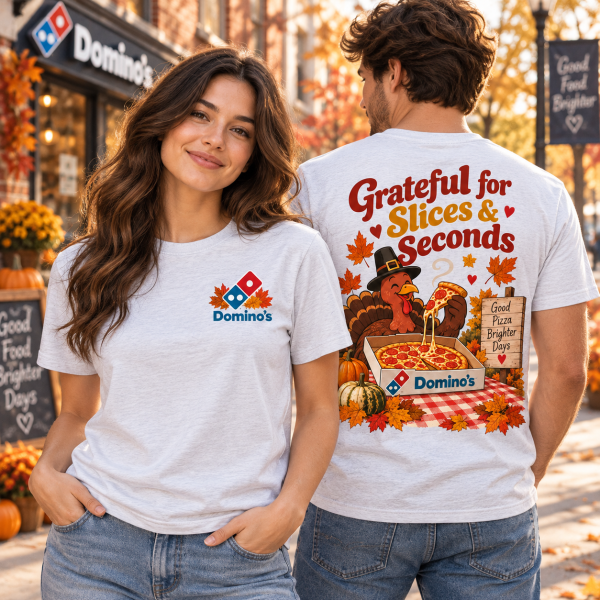 Domino’s Pizza Thanksgiving Pilgrim Turkey Grateful for Slices and Seconds Fall Graphic T-Shirt