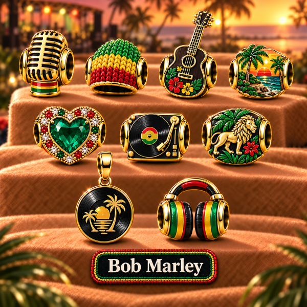 Bob Marley Reggae Rasta Jamaica Gold Plated Music Jewelry Bracelet Charm Set