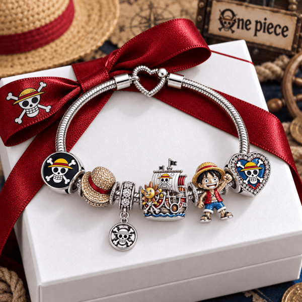 One Piece Anime Luffy Straw Hat Pirates Thousand Sunny Silver Charm Bracelet Set