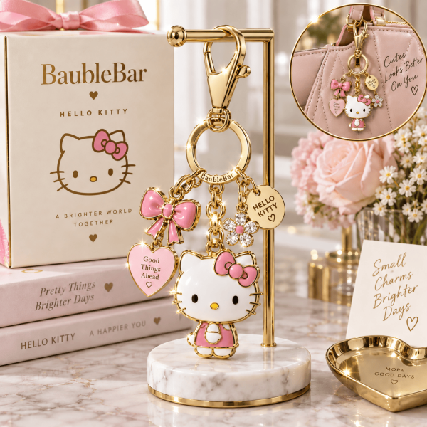 BaubleBar x Hello Kitty Gold Plated Pink Bow and Heart Charm Luxury Keychain Bag Charm