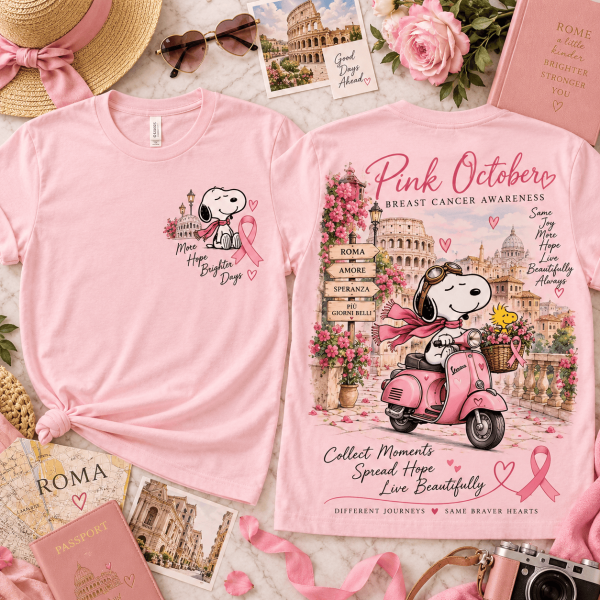 Snoopy Pink October Breast Cancer Awareness Vespa Scooter Rome Pink Ribbon Graphic T-Shirt