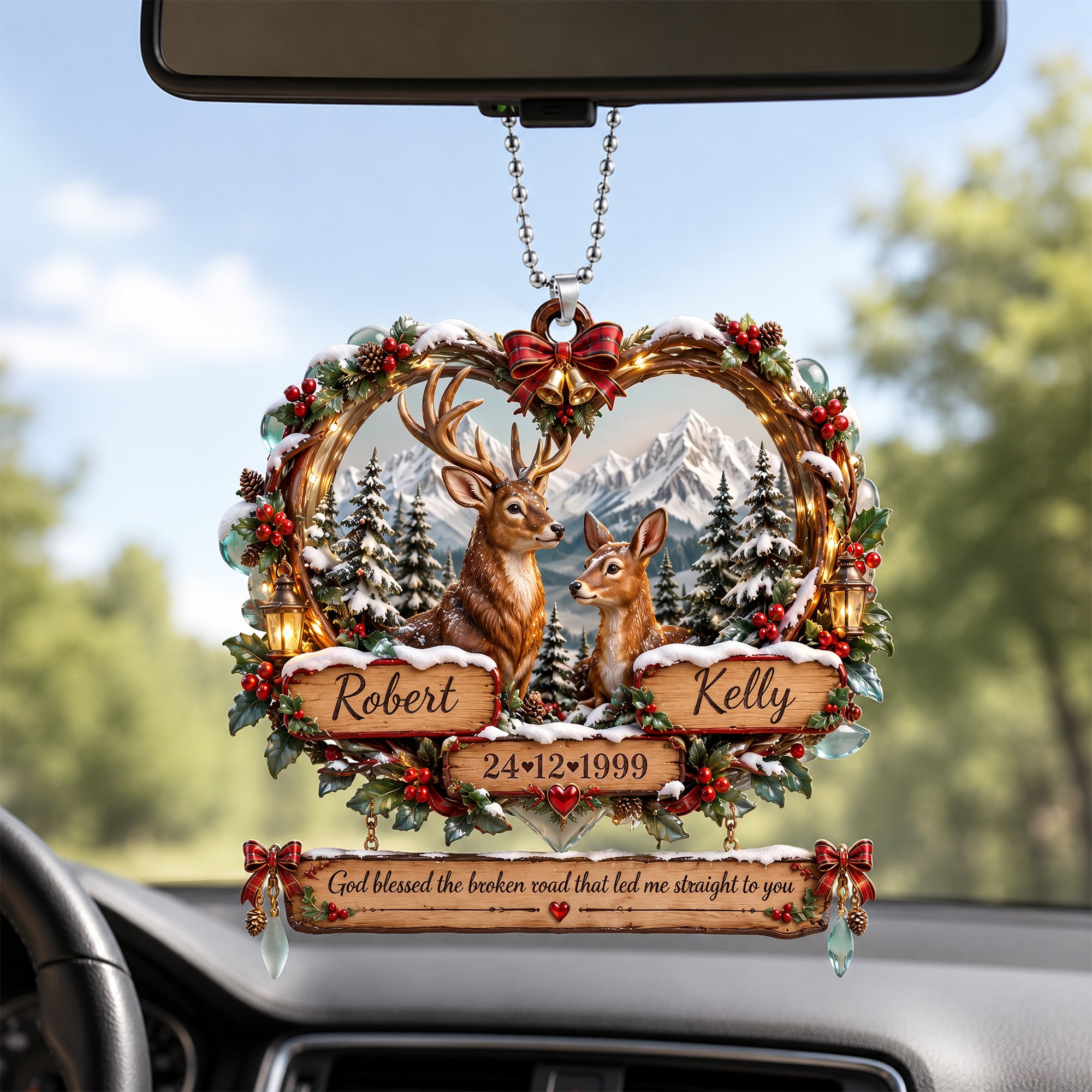 Personalized Deer Couple God Blessed The Broken Road Custom Name Date Rustic Heart Rearview Mirror Car Hanging Ornament Personalized Deer Couple God Blessed The Broken Road Custom Name Date Rustic Heart Rearview Mirror Car Hanging Ornament