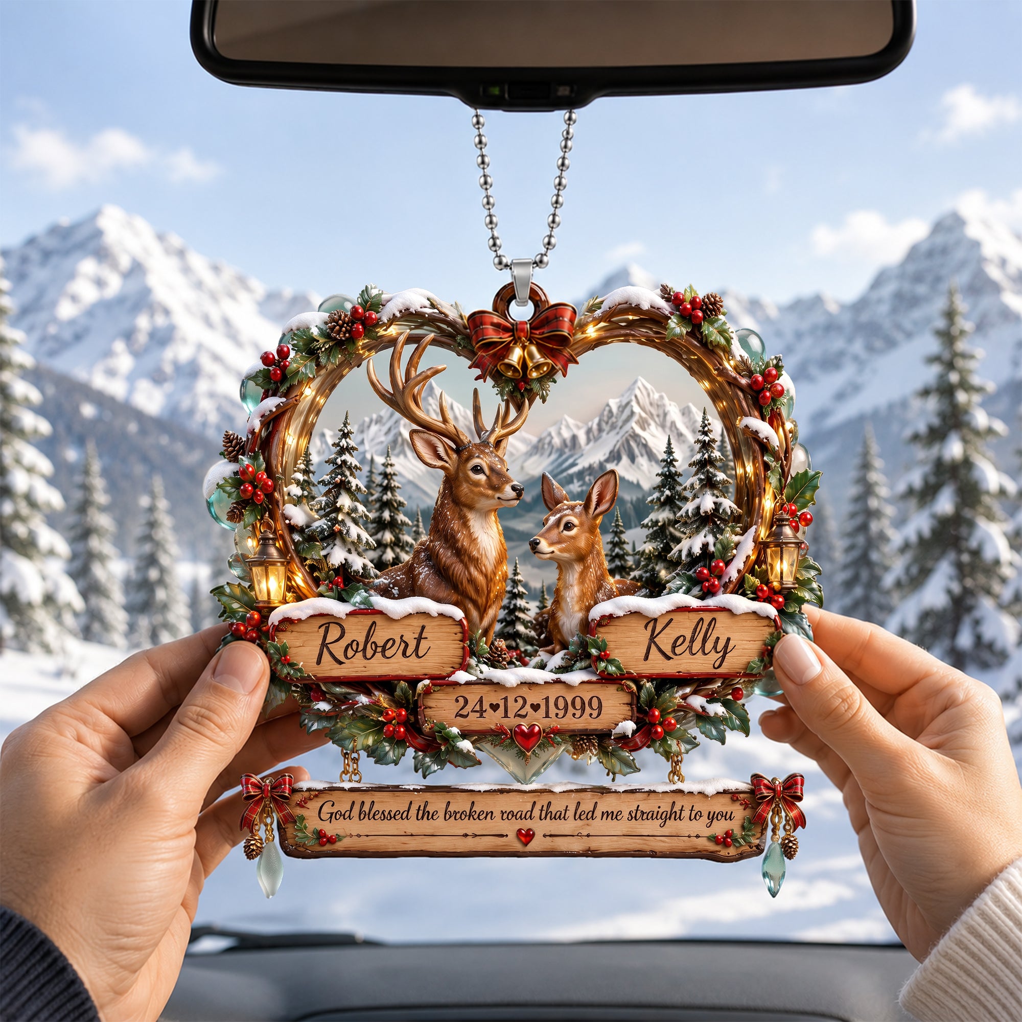 Personalized Deer Couple God Blessed The Broken Road Custom Name Date Rustic Heart Rearview Mirror Car Hanging Ornament Personalized Deer Couple God Blessed The Broken Road Custom Name Date Rustic Heart Rearview Mirror Car Hanging Ornament