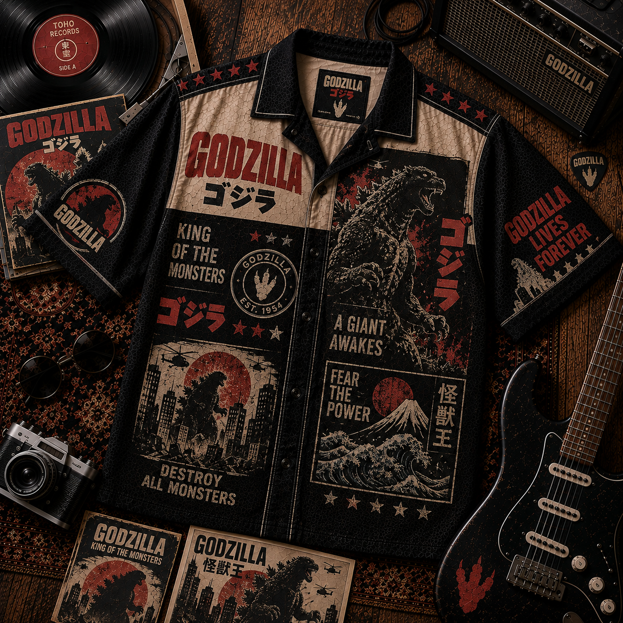 Godzilla King of the Monsters Vintage Japanese Kaiju Retro Graphic Hawaiian Shirt Godzilla King of the Monsters Vintage Japanese Kaiju Retro Graphic Hawaiian Shirt