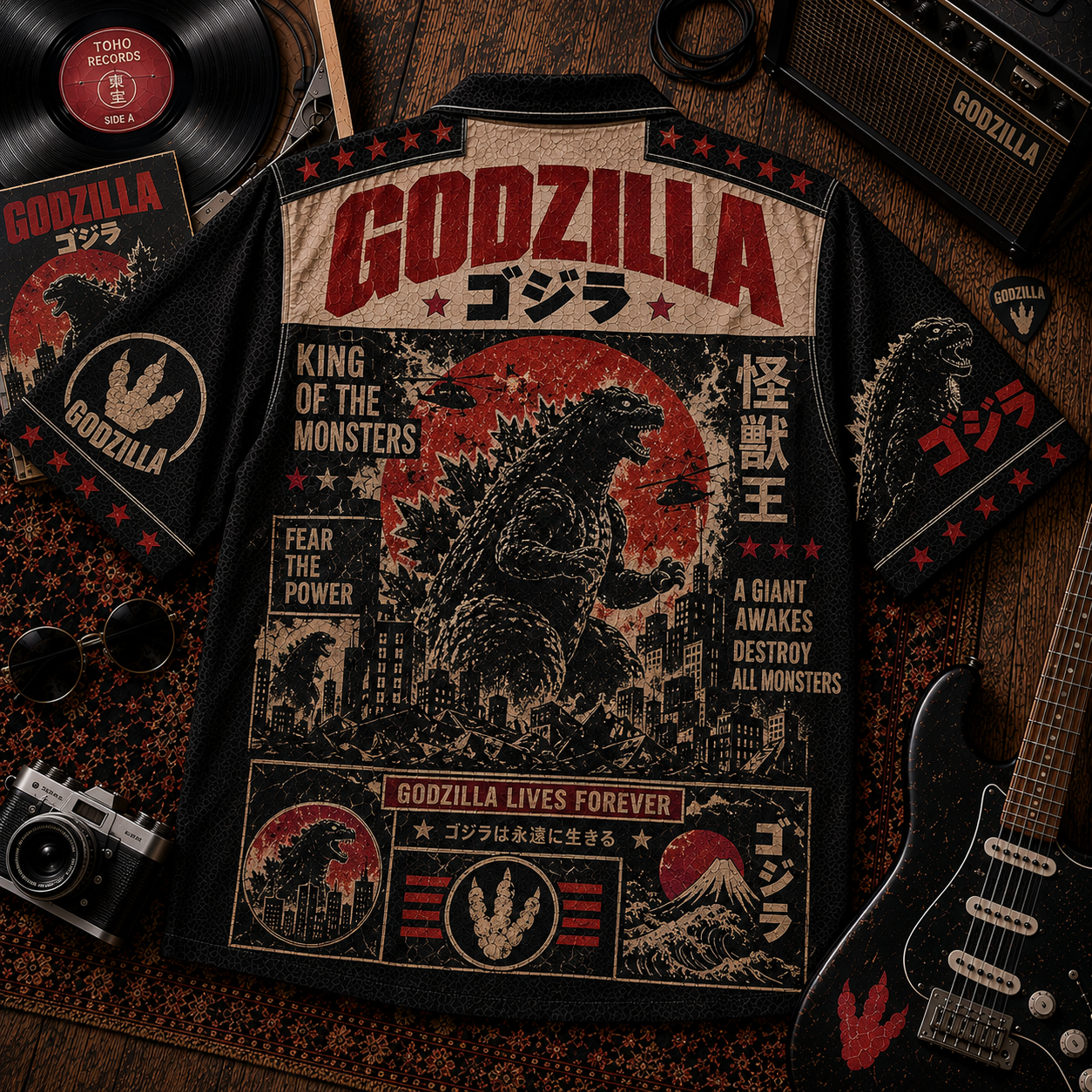 Godzilla King of the Monsters Vintage Japanese Kaiju Retro Graphic Hawaiian Shirt Godzilla King of the Monsters Vintage Japanese Kaiju Retro Graphic Hawaiian Shirt