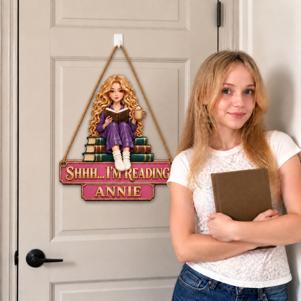 Personalized Shhh I’m Reading Book Lover Custom Name Sign Cute Cartoon Reading Room Decor Door Hanger