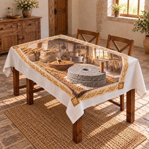Rustic Farmhouse Wheat Harvest and Quern Stone Grain Milling Hearth Tablecloth