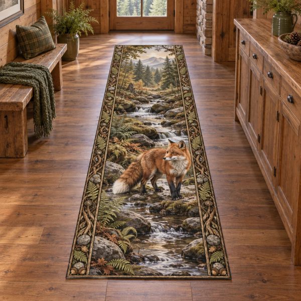 Red Fox Creek Crossing Rustic Woodland Forest Nature Cabin Decor Runner Rug
