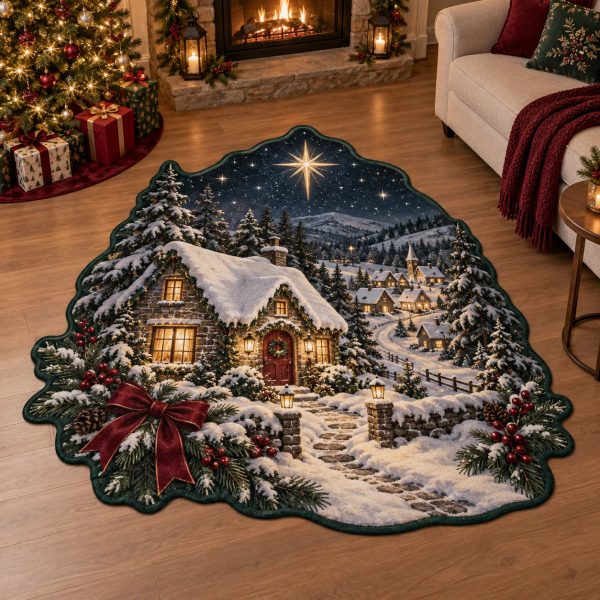 Cozy Christmas Snowy Cottage Starlit Winter Village Festive Custom Shaped Area Rug