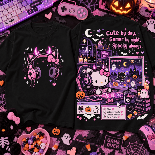 Hello Kitty Halloween Gamer Girl Pastel Goth Spooky Pixel Art Graphic T-Shirt