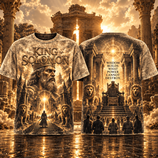 King Solomon Wisdom Builds What Power Cannot Destroy Biblical Golden Lion Throne Graphic 3D All Over Print T-Shirt