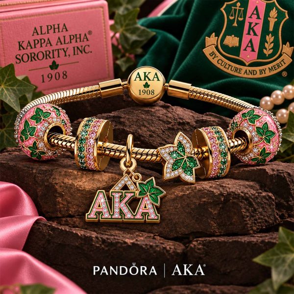 Alpha Kappa Alpha 1908 Sorority Luxury Gold Pink and Green Ivy Leaf Charm Bracelet
