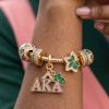 Alpha Kappa Alpha 1908 Sorority Luxury Gold Pink and Green Ivy Leaf Charm Bracelet