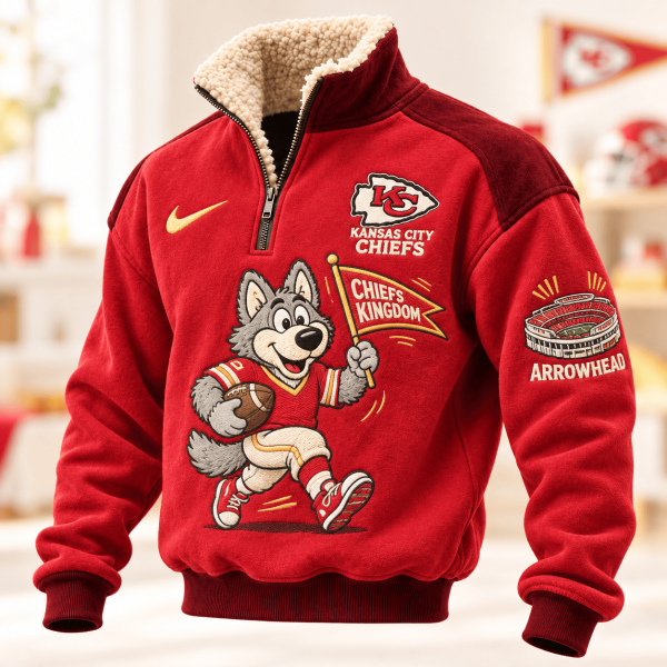 Kansas City Chiefs Chiefs Kingdom KC Wolf Mascot Premium Red Cozy Sherpa Collar Quarter Zip Fleece Pullover