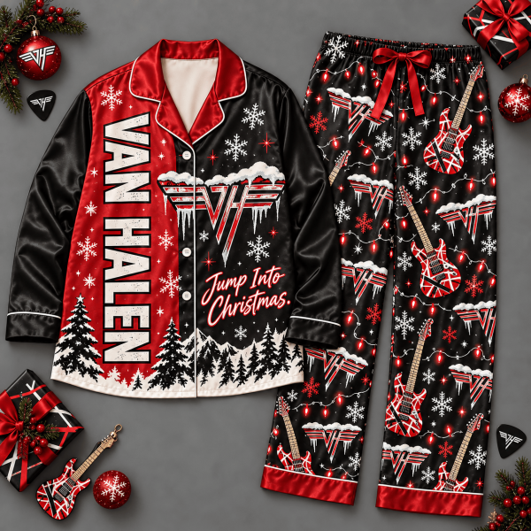 Van Halen Band Jump Into Christmas Festive Black Red Holiday Long Sleeve Pajamas Set