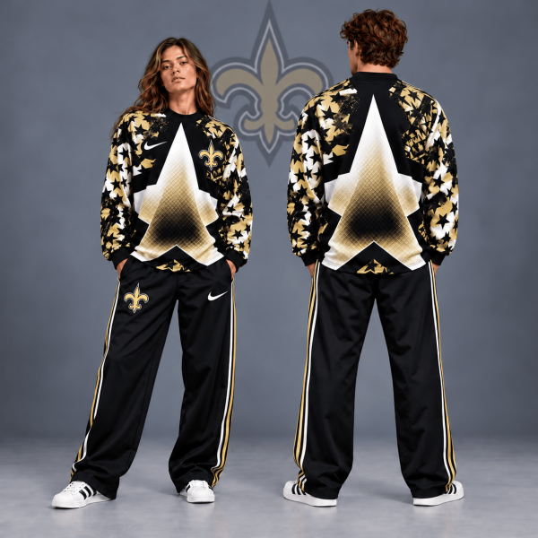 New Orleans Saints Premium Vintage Distressed Starburst Chevron Crewneck Sweatshirt and Wide Leg Track Pants Set