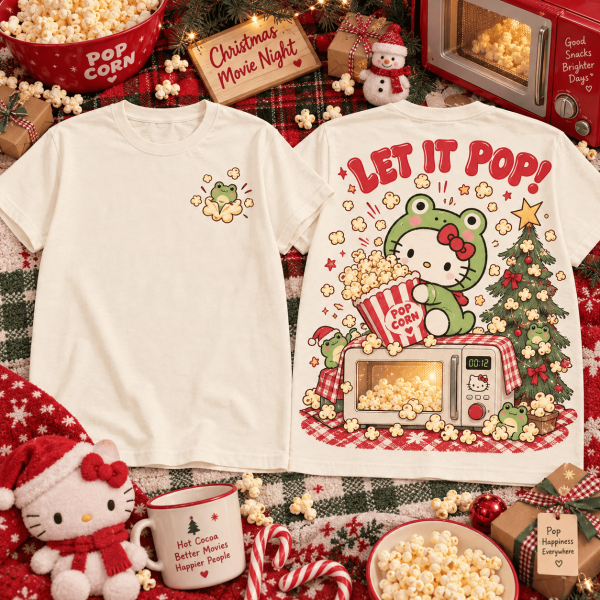 Hello Kitty Frog Costume Let It Pop Christmas Popcorn Movie Night Graphic T-Shirt