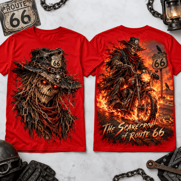 The Scarecrow Of Route 66 Flaming Biker Motorcycle Red Graphic T-Shirt