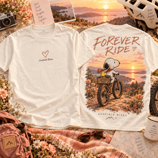 Canfield Bikes Snoopy Forever Ride Sunset Mountain Bike Graphic T-Shirt