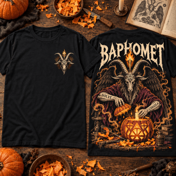 Baphomet Occult Jack O Lantern Flaming Torch Dark Halloween Graphic T-Shirt