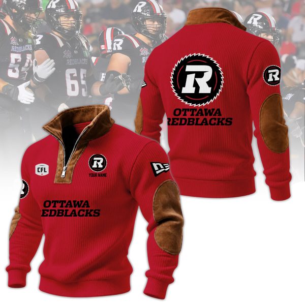 Ottawa Redblacks CFL Men’s Custom Red Ribbed Knit Elbow Patch Quarter Zip Sweater