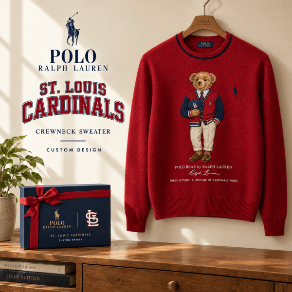 St. Louis Cardinals Polo Bear Graphic Red Premium Knit Crewneck Sweater