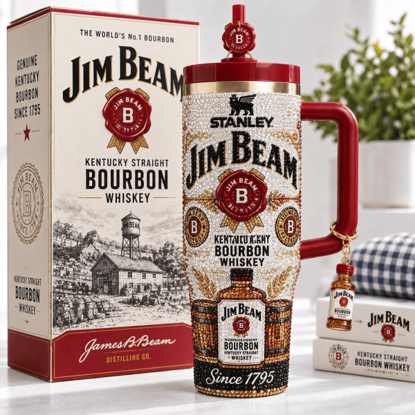 Jim Beam Kentucky Bourbon Whiskey Rhinestone Bling Bedazzled 40oz Stainless Steel Tumbler With Handle